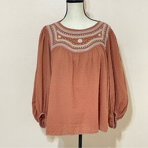 Max Studio Women’s Embroidered Peasant Blouse Swiss Dot Top Size Large